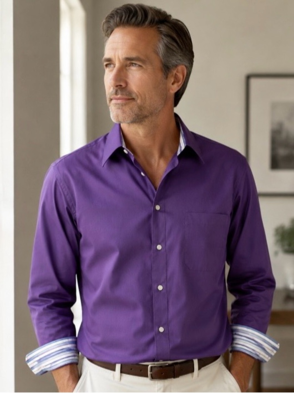 Crazy Horse Mens Purple Sateen Button Up Shirt 16/32-33 Stripe Cuff Collar
